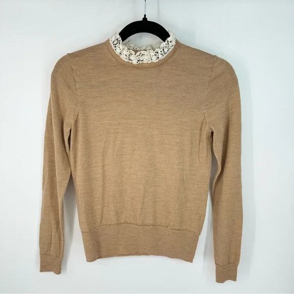 J. Crew Merino Wool Camel Tan Old Money Sweater with Lace Collar - Picture 4 of 4